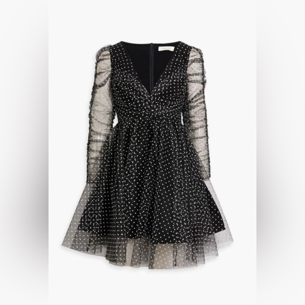 Women's Black Ruched Flocked Polka-dot Tulle Mini Dress